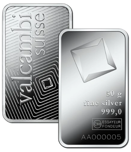 Valcambi 50 Gram Silver Bar