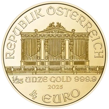 Moeda de ouro da Filarmónica Austríaca de 1/25 de onça de 2026