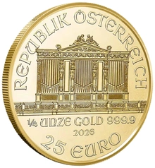 Moeda de ouro da Filarmónica Austríaca de 1/4 de onça de 2026