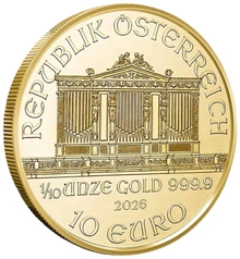 Moeda de ouro da Filarmónica Austríaca de 1/10 de onça de 2026