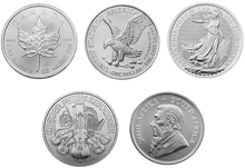 Conjunto de moedas de prata de 2024 de 1 onça; Britânia, Krugerrand, Filarmónica, Águia, Bordo