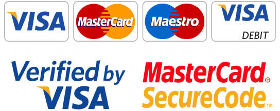 Aceitamos pagamento com Visa, Mastercard, Maestro, Visa Debit, Verified by Visa, e MasterCard SecureCode.